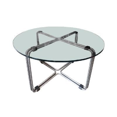 Mesa de comedor de acero tubular con cubierta circular de vidrio