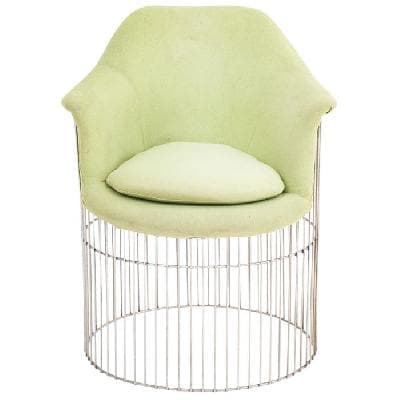 Sillón de varilla de acero cromado y fibra de vidrio con tapicería verde.