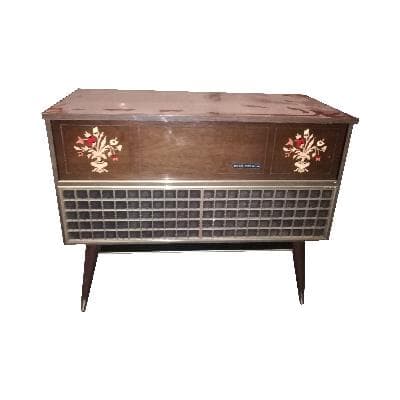 Mueble para tocadiscos marca Philco en madera laminada con marquetería