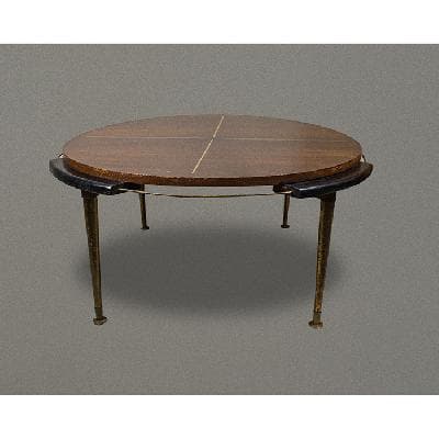 Mesa de centro redonda estilo Danés en madera de nogal y latón con vivos laqueado color negro