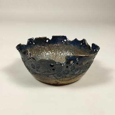 Tazón en cerámica de alta temperatura color azul y ocre