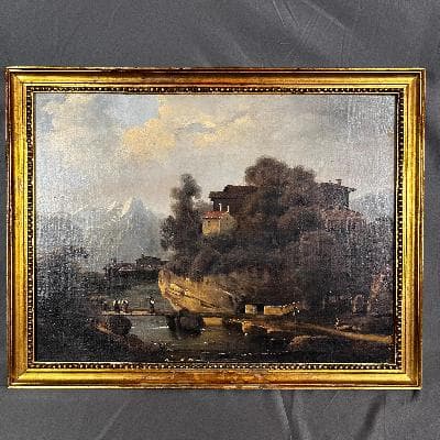 Autor no identificado. Vista de pueblo con río y montaña nevada. Óleo sobre tela