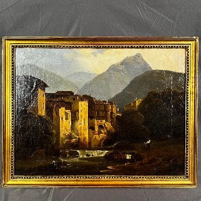 Autor no identificado. Vista de pueblo con lavanderas. Óleo sobre tela