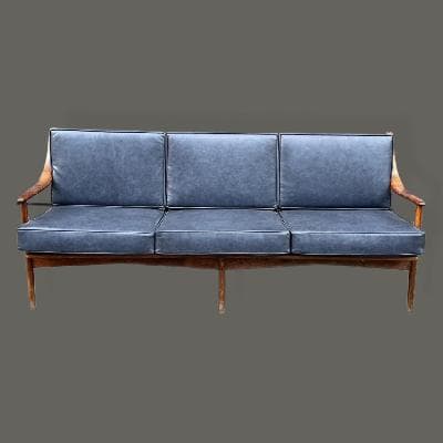 Sofá de 3 plazas danés en madera de haya y piel azul 