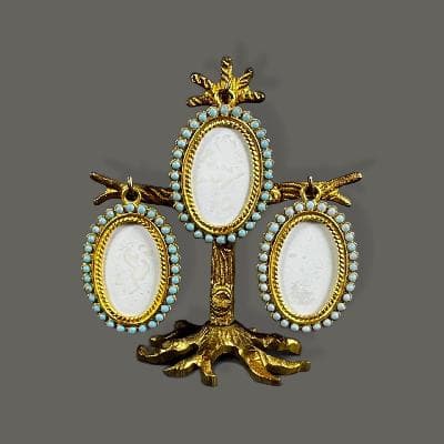 Portarretratos en forma de árbol en metal dorado y turquesas